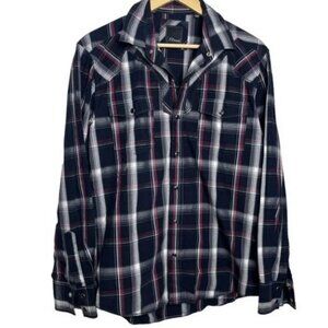 7 Diamonds Navy and Red Plaid Casual Button Down Shirt